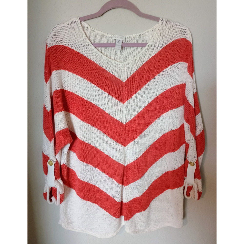 Chico's Chevron Cream & Salmon Pink Summery 3/4 Sleeve Pull-Over Sweater 2 or L